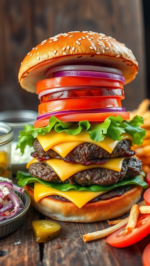 An eight-cut beef burger topped with cheese, lettuce, tomato, and onion, served with sides on a wooden table.